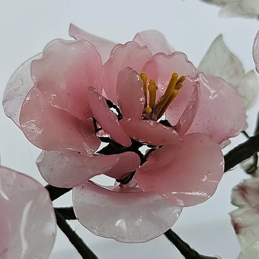 Vintage‎ Chinese Glass Bonsai Tree Pink Cherry Blossom Celadon Pot Chinoiserie